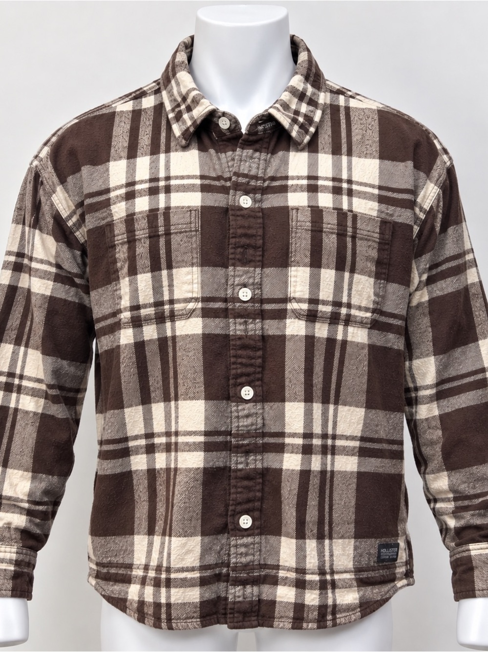 Hollister Men’s Small Oversized Fit Plaid Flannel Shirt Brown Cream Button Down